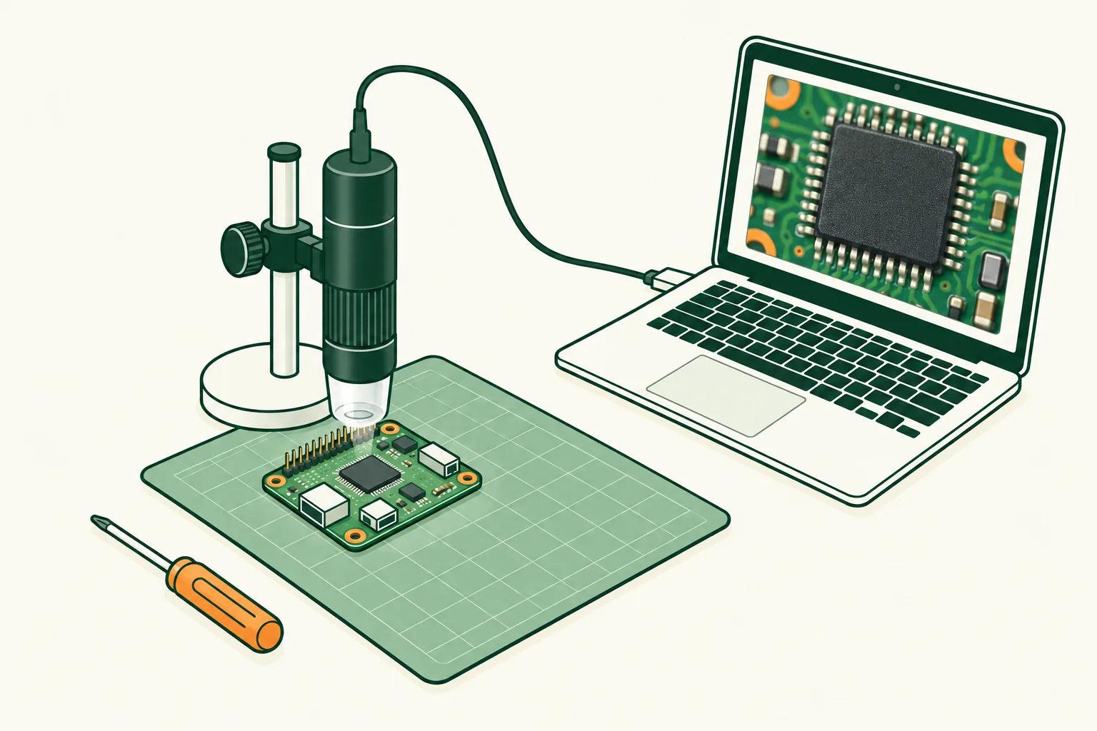 A vertically mounted USB microscope with its objective pointing down at a circuit board, connected by USB to a laptop.