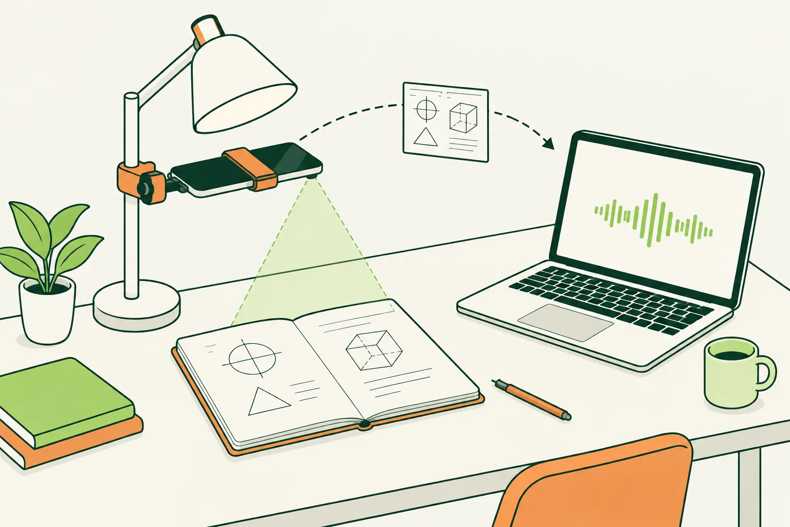 A phone mounted to a desk lamp above an open notebook, sending a snapshot to a voice agent on a laptop.
